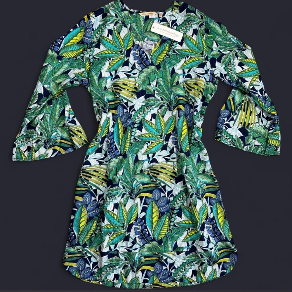 NWT Soft Surroundings Soleil Linen Blend Jungle Leaf Print Flare Sleeve Women Lg